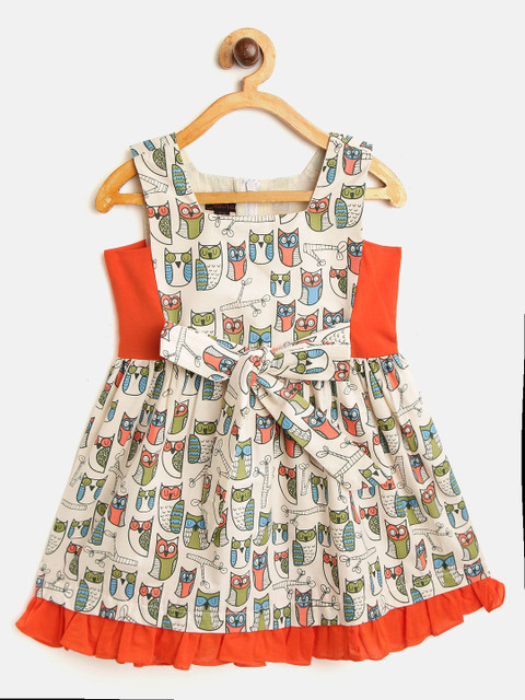 

pspeaches Girls Off-White & Green Printed A-Line Dress