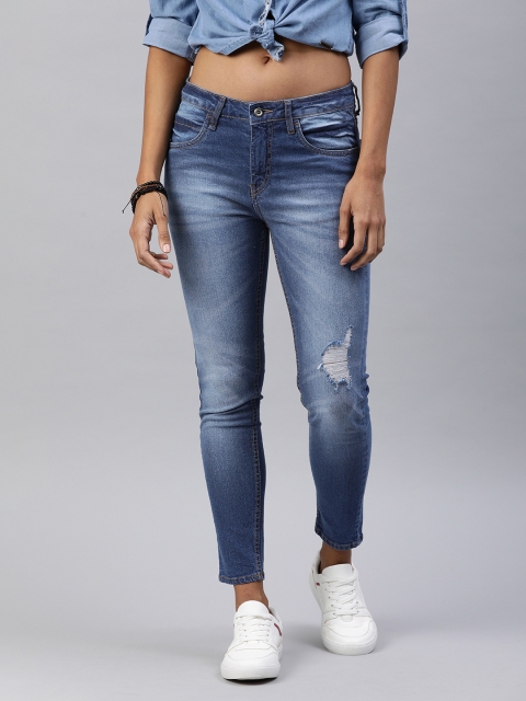 

Roadster Women Blue Skinny Fit Mid-Rise Low Distress Stretchable Cropped Jeans