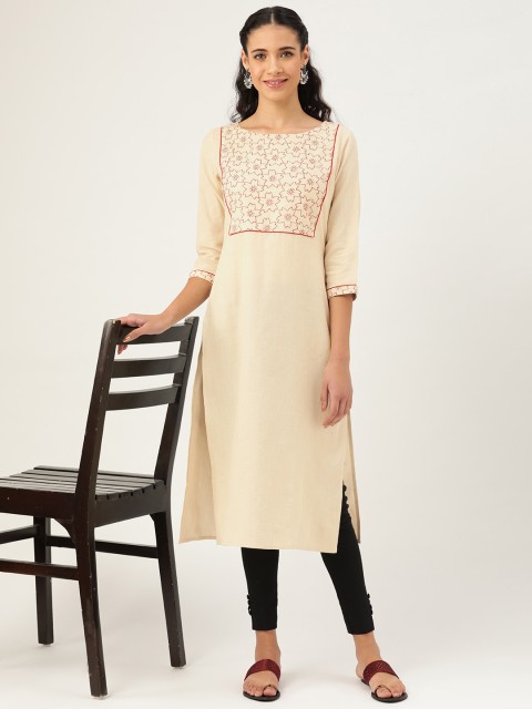 

anayna Women Cream-Coloured Yoke Design Straight Kurta