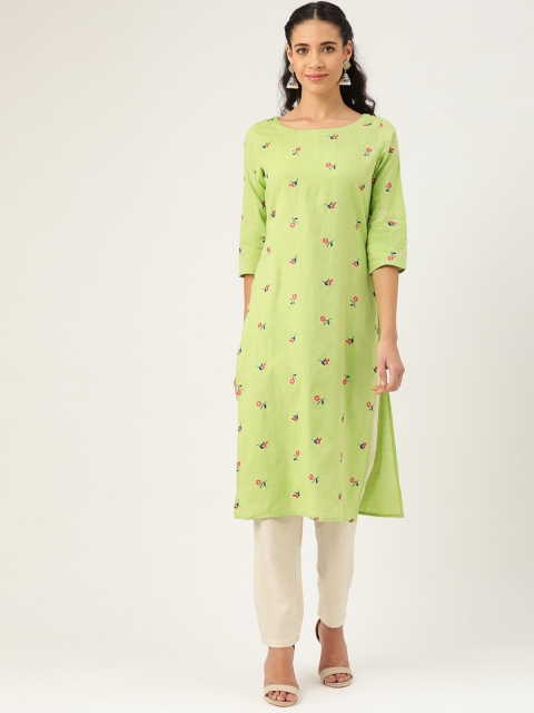 

anayna Women Green Floral Embroidered Straight Kurta