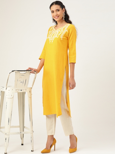 

anayna Women Yellow Yoke Design Straight Kurta