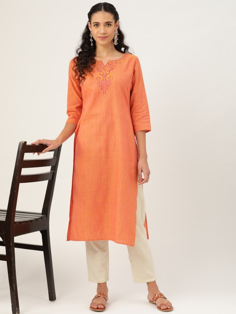 

anayna Women Orange Yoke Design Straight Kurta