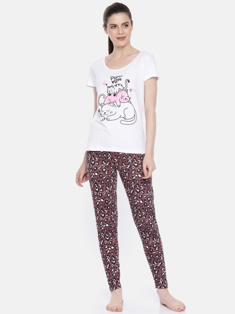 

Slumber Jill Women White & Mauve Printed Night suit