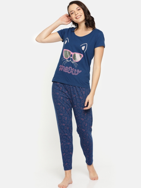 

Slumber Jill Women Navy Blue Printed Night suit