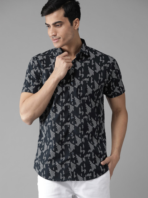

DENNISON Men Navy & White Slim Fit Printed Casual Shirt, Navy blue