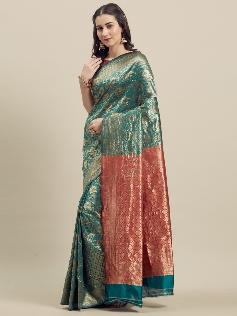 

MANOHARI Sea Green & Red Silk Blend Woven Design Banarasi Saree
