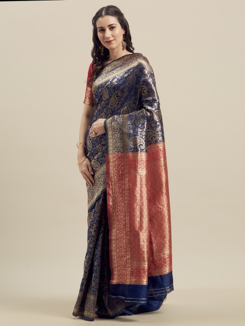 

MANOHARI Navy Blue & Red Silk Blend Woven Design Banarasi Saree