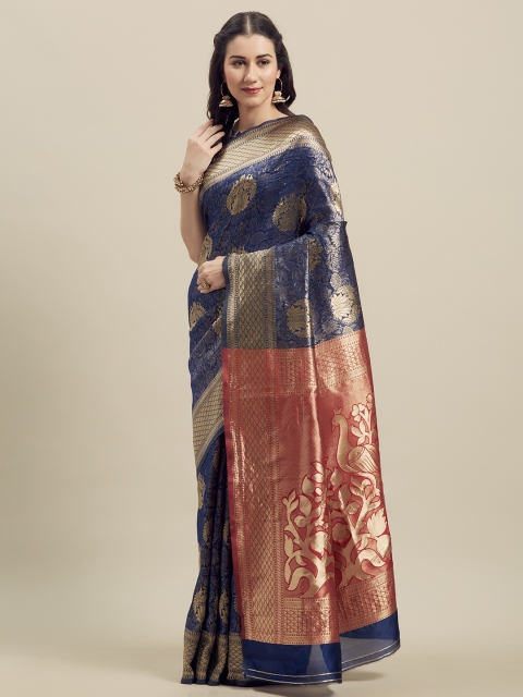 

MANOHARI Navy Blue & Red Silk Blend Woven Design Banarasi Saree