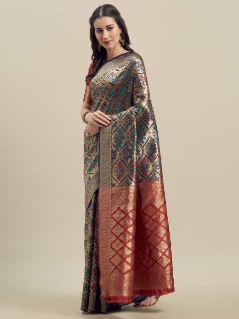 

MANOHARI Navy Blue & Red Silk Blend Woven Design Banarasi Saree