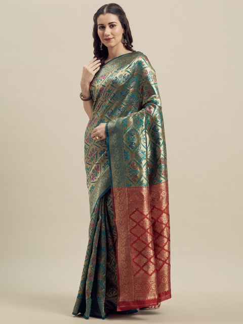 

MANOHARI Teal Green & Red Silk Blend Woven Design Banarasi Saree