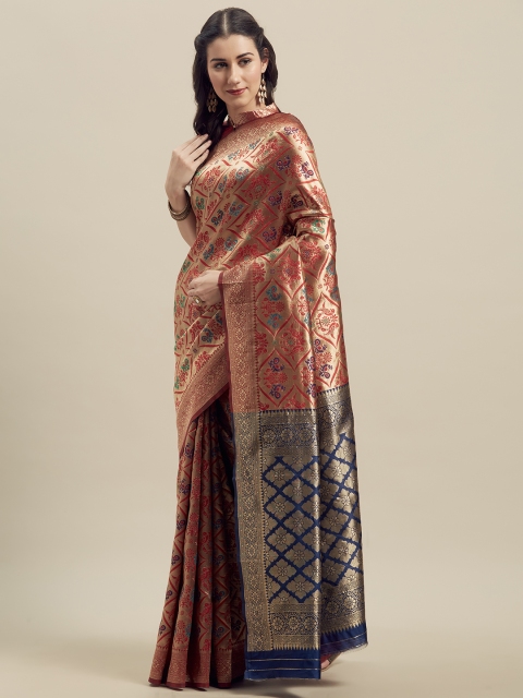 

MANOHARI Red & Navy Blue Silk Blend Woven Design Banarasi Saree