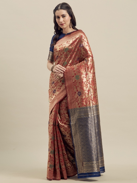 

MANOHARI Red & Navy Blue Silk Blend Woven Design Banarasi Saree