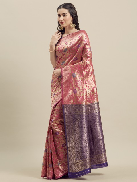 

MANOHARI Pink & Purple Silk Blend Woven Design Banarasi Saree