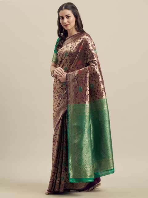 

MANOHARI Purple & Green Silk Blend Woven Design Banarasi Saree