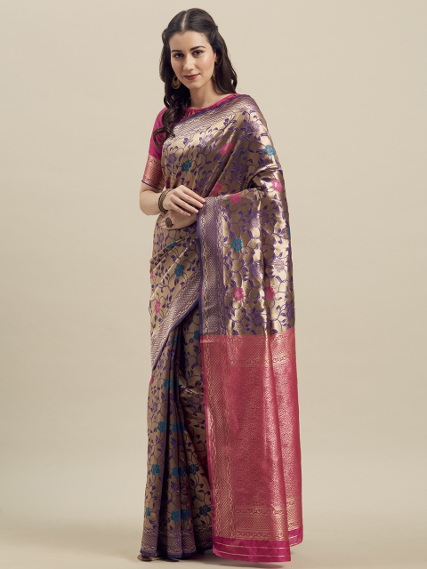 

MANOHARI Purple & Pink Silk Blend Woven Design Banarasi Saree