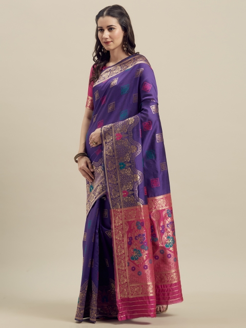 

MANOHARI Purple & Pink Silk Blend Woven Design Banarasi Saree