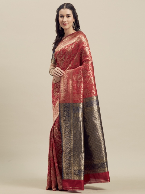 

MANOHARI Red & Navy Blue Silk Blend Woven Design Banarasi Saree