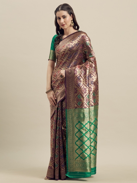 

MANOHARI Purple & Green Silk Blend Woven Design Banarasi Saree