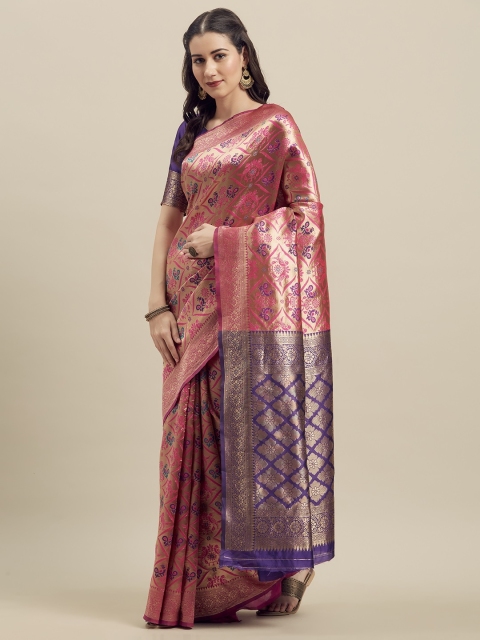

MANOHARI Pink & Purple Silk Blend Woven Design Banarasi Saree