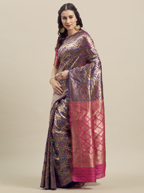 

MANOHARI Purple & Pink Silk Blend Woven Design Banarasi Saree