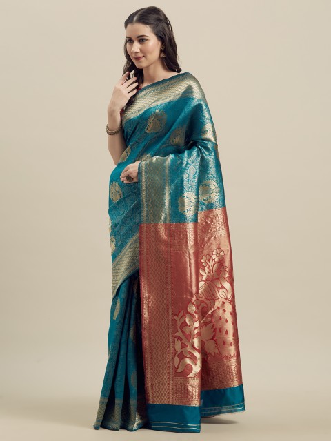 

MANOHARI Sea Green Silk Blend Woven Design Banarasi Saree