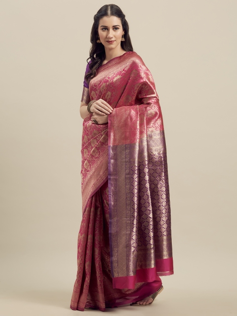 

MANOHARI Pink & Purple Silk Blend Woven Design Banarasi Saree