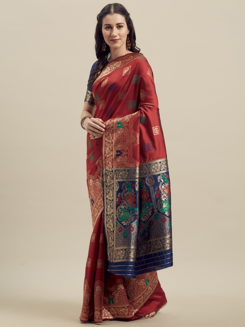 

MANOHARI Red & Navy Blue Silk Blend Woven Design Banarasi Saree