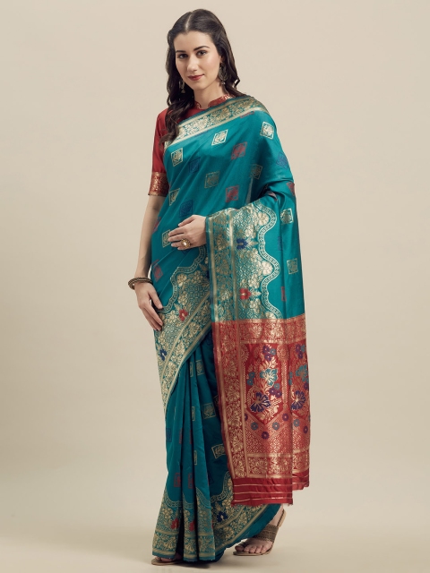 

MANOHARI Green & Red Silk Blend Woven Design Banarasi Saree