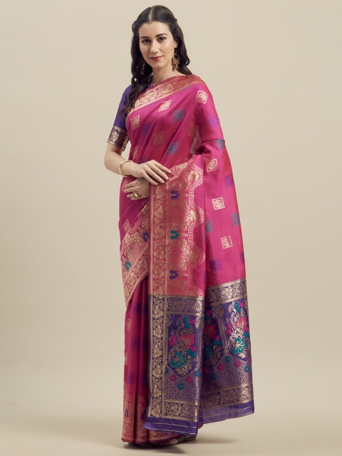

MANOHARI Pink & Purple Silk Blend Woven Design Banarasi Saree