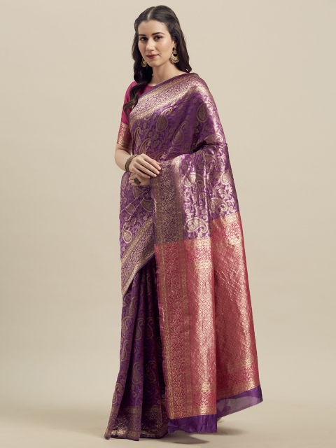 

MANOHARI Purple & Pink Silk Blend Woven Design Banarasi Saree