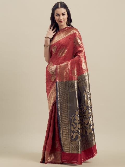 

MANOHARI Red & Navy Blue Silk Blend Woven Design Banarasi Saree