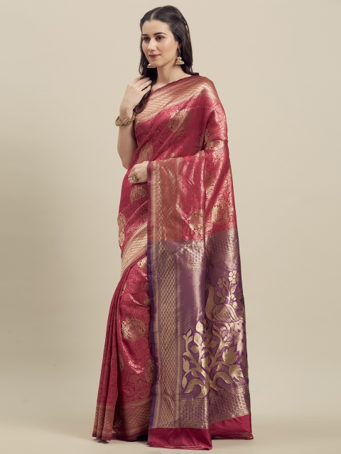 

MANOHARI Pink & Purple Silk Blend Woven Design Banarasi Saree