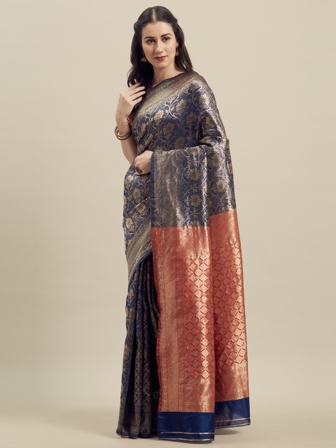 

MANOHARI Navy Blue & Red Silk Blend Woven Design Banarasi Saree