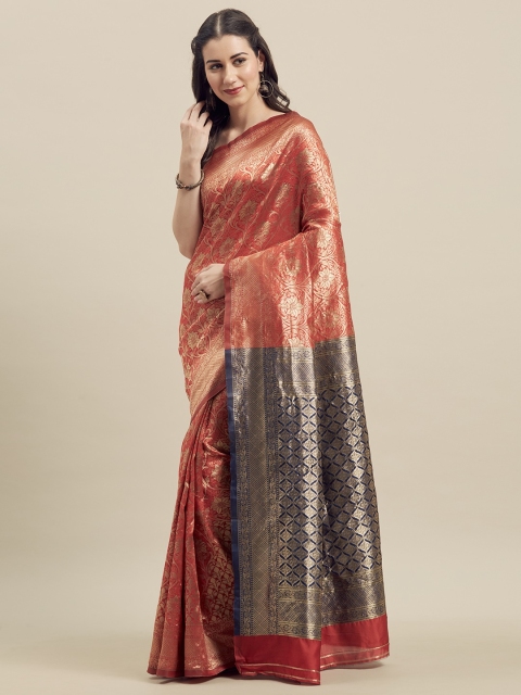 

MANOHARI Red & Navy Blue Silk Blend Woven Design Banarasi Saree