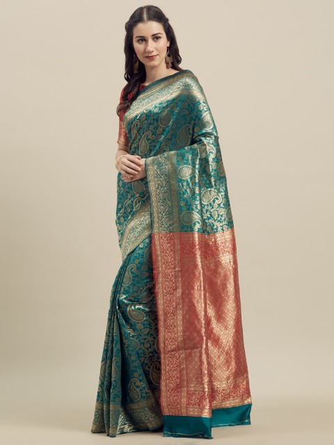 

MANOHARI Green & Red Silk Blend Woven Design Banarasi Saree