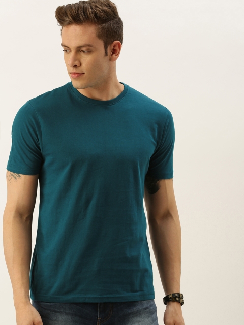 

DrunkenMonk Men Teal Blue Solid Round Neck T-shirt