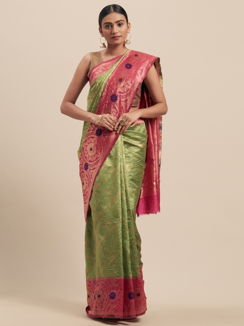 

Pisara Green & Pink Silk Cotton Woven Design Kanjeevaram Saree