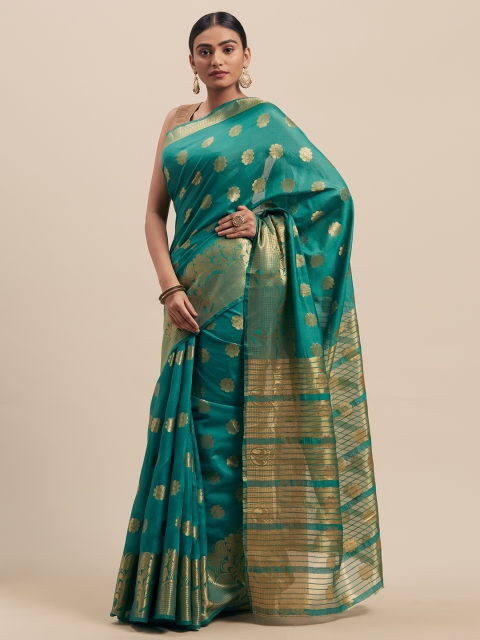 

Pisara Green & Gold-Toned Silk Cotton Woven Design Chanderi Saree