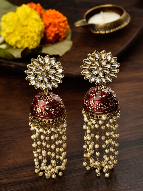 

Fida Women Gold-Toned & Red Dome Shaped Jhumkas