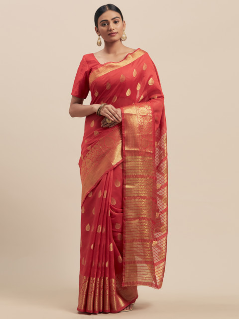 

Pisara Red Silk Cotton Woven Design Chanderi Saree