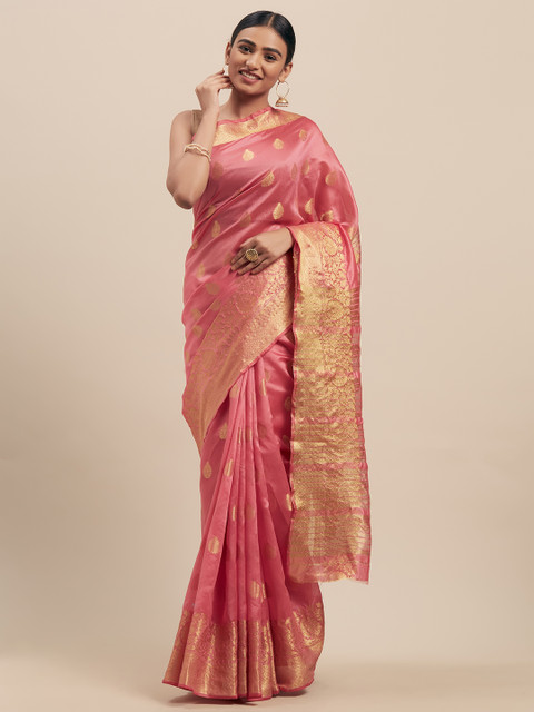 

Pisara Pink & Gold-Toned Silk Cotton Woven Design Chanderi Saree