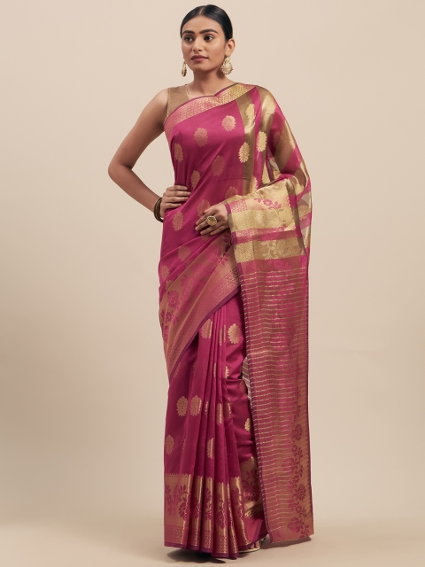 

Pisara Pink & Gold-Toned Silk Cotton Woven Design Kanjeevaram Saree