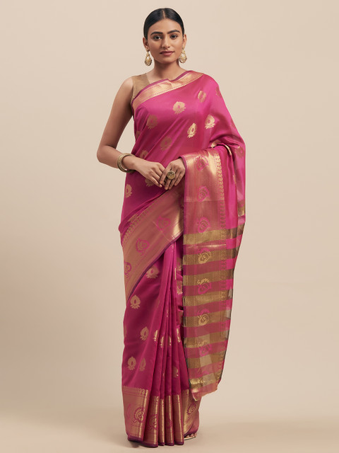 

Pisara Pink & Gold-Toned Silk Cotton Woven Design Kanjeevaram Saree