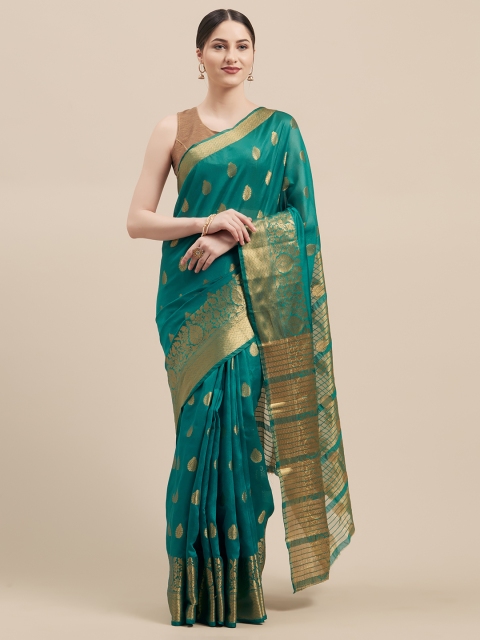 

Pisara Green & Gold-Toned Silk Cotton Woven Design Chanderi Saree