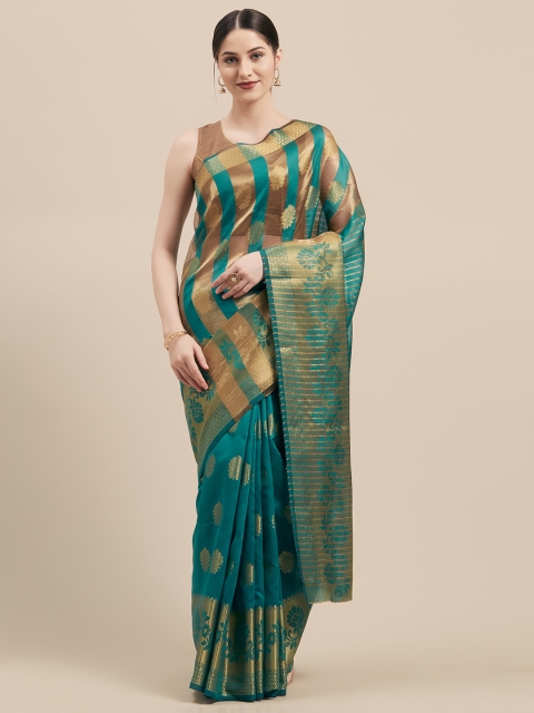 

Pisara Green & Gold-Toned Silk Cotton Woven Design Kanjeevaram Saree