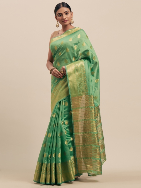 

Pisara Green & Gold-Toned Silk Cotton Woven Design Chanderi Saree