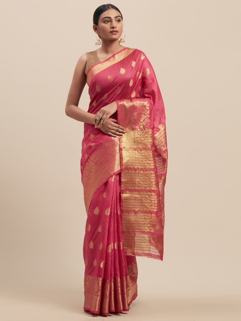 

Pisara Pink & Gold-Toned Silk Cotton Woven Design Chanderi Saree