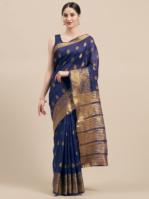 

Pisara Navy Blue & Gold-Toned Silk Cotton Woven Design Chanderi Saree