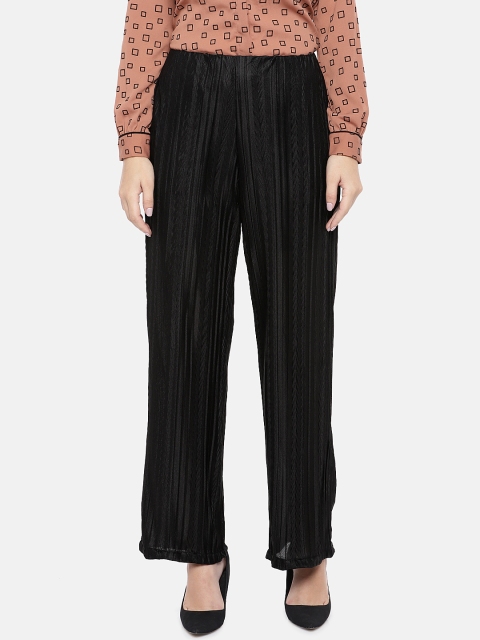 

The Label Life Women Black Flared Self Design Regular Trousers
