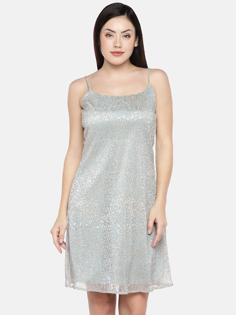 

The Label Life Women Green & Gold-Toned Self Design A-Line Dress